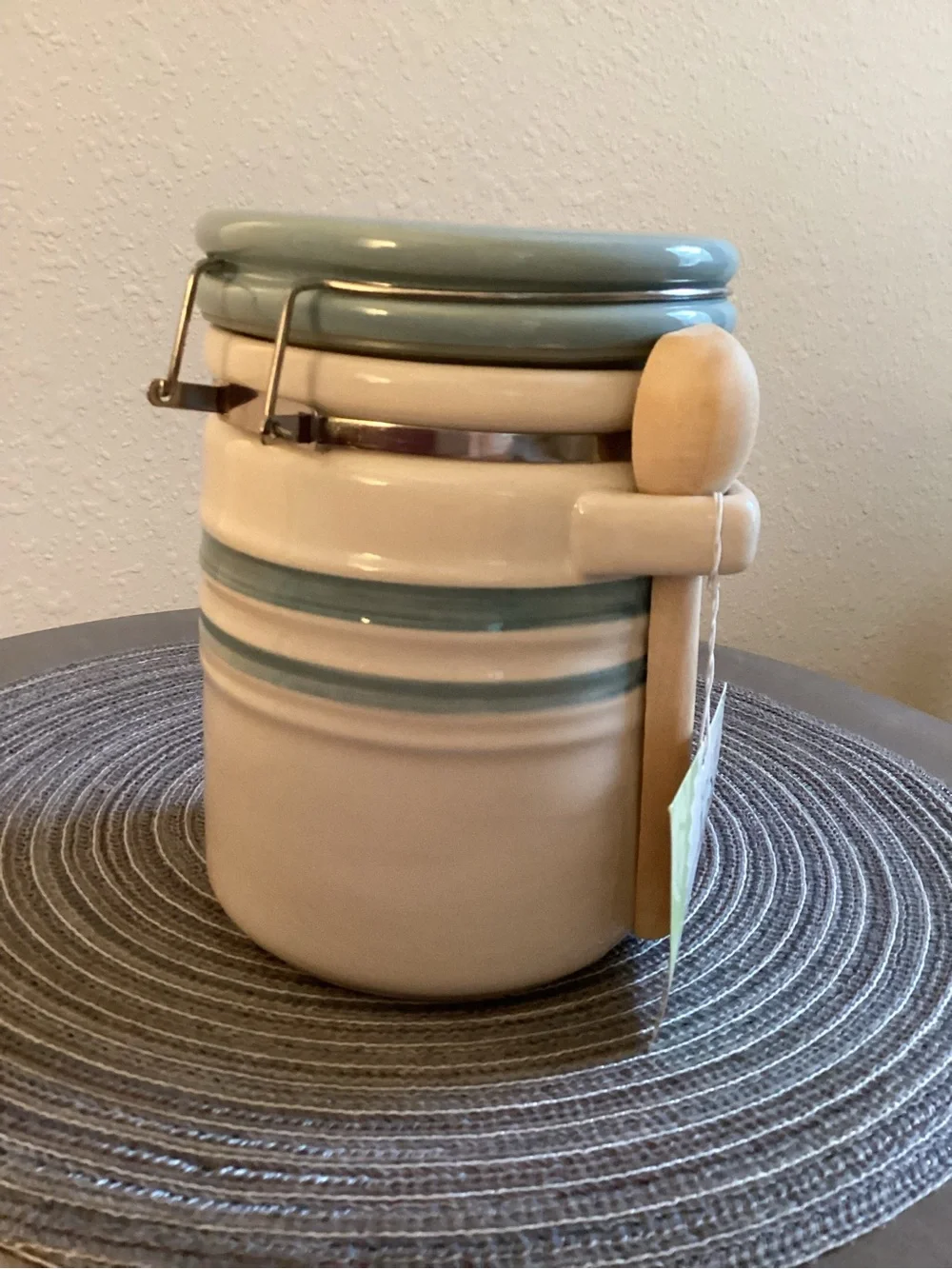 Key Lime Lexi Ceramic Blue/Cream Striped  Airtight Latch Jar With Spoon NWT